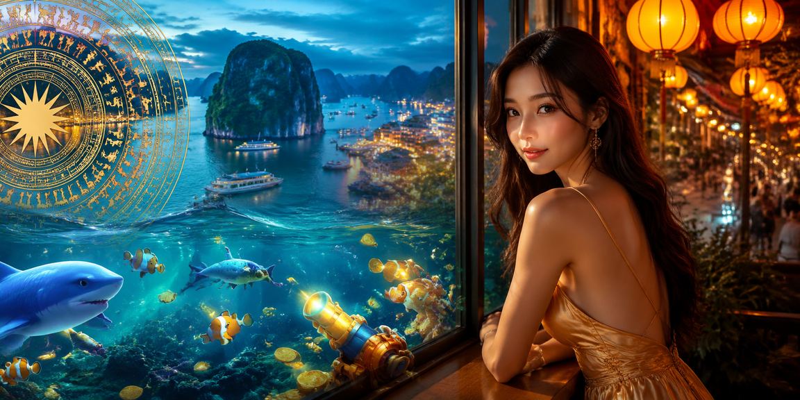 Khung cảnh vịnh Hạ Long nhìn từ quán cà phê, người chơi thư giãn trên điện thoại với trò bắn cá